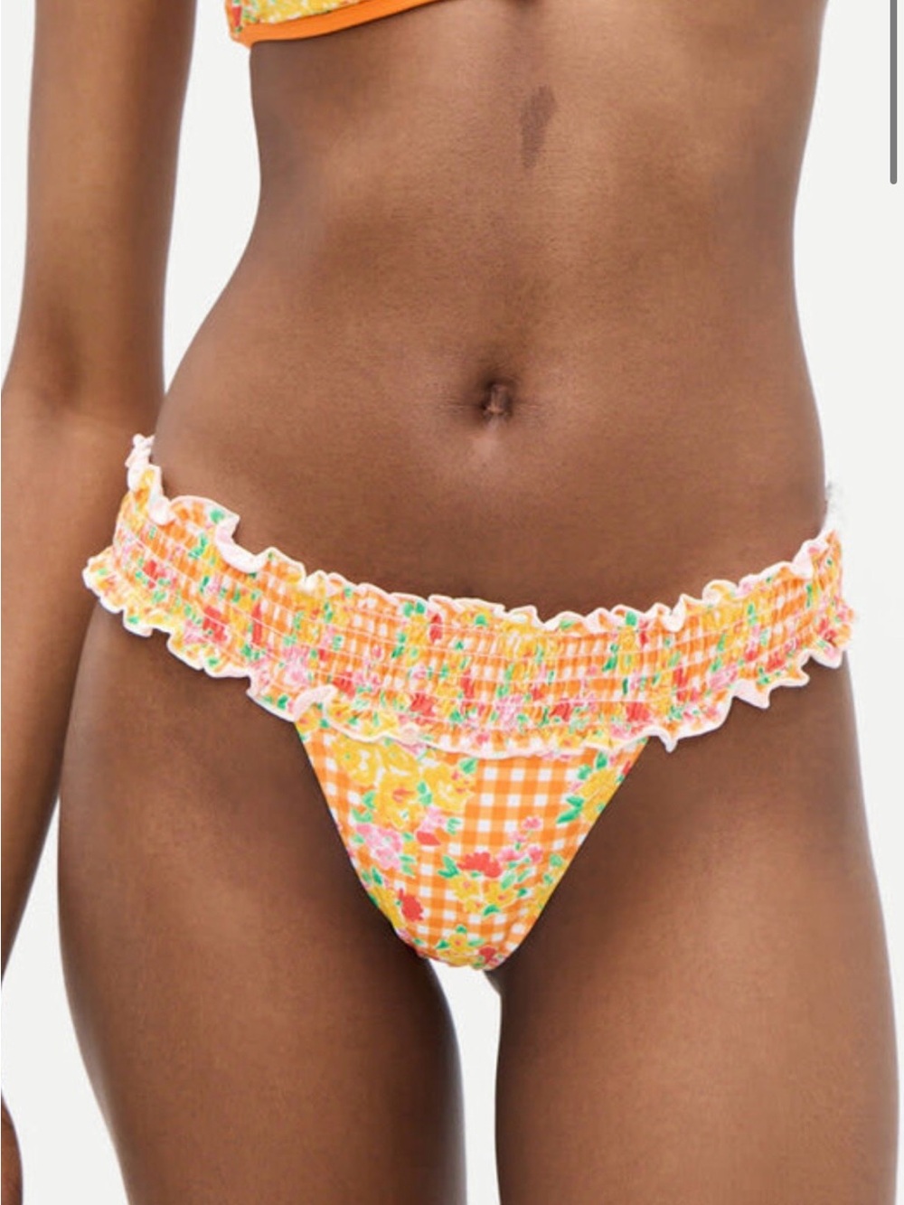 Frankies Bikinis Orange Gingham Floral Ruffle Bikini Bottoms